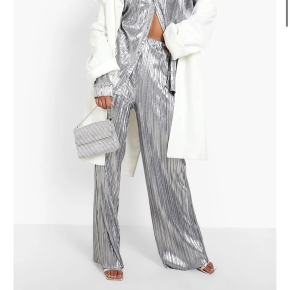 Boohoo Pants - silver wide leg pants high waisted